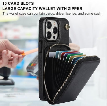 KIHUWEY Crossbody Wallet Case for iPhone 15 Pro Max, Zipper Pocket Case with Card Holder, PU Leather RFID Blocking Protective Cover with Kickstand and Detachable Wrist Strap Lanyard, 6.7" (Black)
