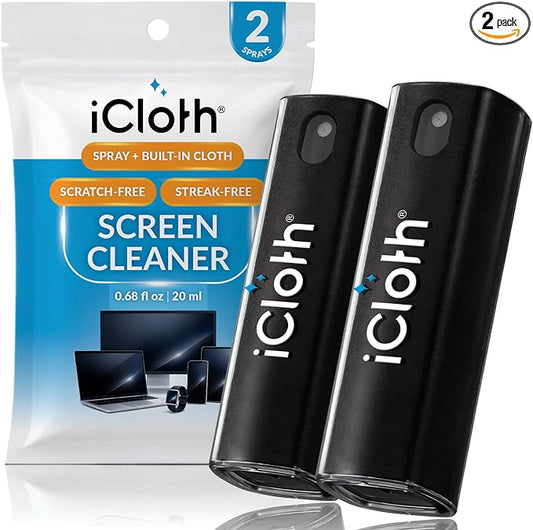 2X iCloth 2-in-1 Screen Cleaner Spray & Microfiber Cloth for Laptops, Tablets, Phones, Car Screens & Touchscreens, Streak-Free & Anti-Smudge, Large 0.68 fl oz (20ml) Bottle for Heavy Use
