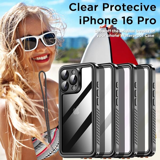 AICase for iPhone 16 Pro Case Waterproof, Clear Water Proof Built-in Screen Protector Shockproof Dustproof Snowproof Full Body Rugged Underwater Phone Case with Lanyard