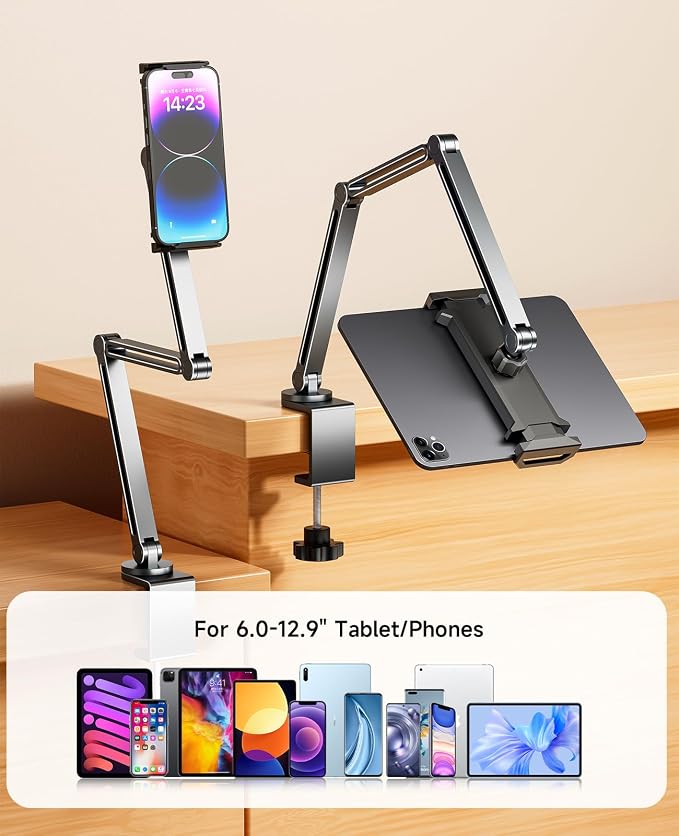 Tablet Arm Mount with Super Grip, Adjustable Foldable Holder & Heavy Duty Aluminum 360° Rotating Clamp for iPad, Phone, Monitor, Kindle - Universal for Desk, Bed, Kitchen - Space Grey