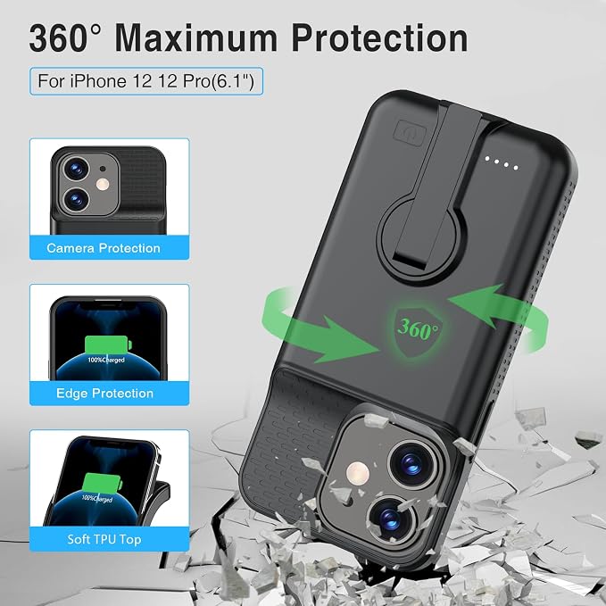 BOPPS Battery Case for iPhone 12 Pro/12 with Stand【Support Carplay】 Real Powerful 7000mAh Portable Charger Case 360°Protection Rechargeable Extended Charging case for iPhone 12，12 pro -Black