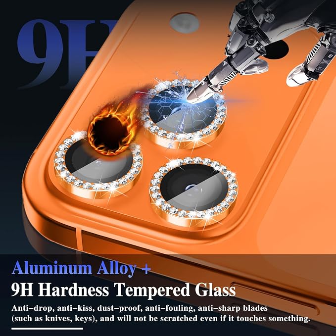 ShinKin Camera Lens Protector for iPhone 17 Pro/iPhone 17 Pro Max, Glitter Camera Cover, 9H Tempered Glass Individual Metal Ring Camera Protector for iPhone 17 Pro/17 Pro Max (Diamond - Orange)