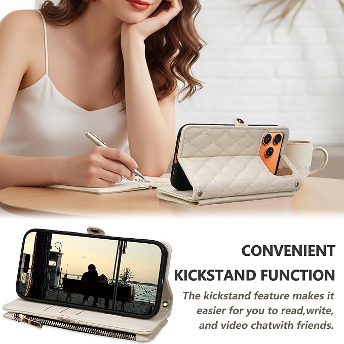 Rssviss Crossbody Wallet Case for iPhone 17 Pro Max 6.9", with Make Up Mirror, Wrist Strap, Zipper Purse Magnetic Flip, RFID Blocking Card Holder Kickstand, PU Leather Shockproof Women, Beige
