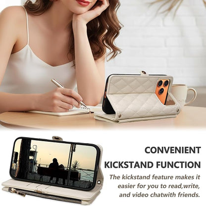 Rssviss Crossbody Wallet Case for iPhone 17 Pro Max 6.9", with Make Up Mirror, Wrist Strap, Zipper Purse Magnetic Flip, RFID Blocking Card Holder Kickstand, PU Leather Shockproof Women, Beige