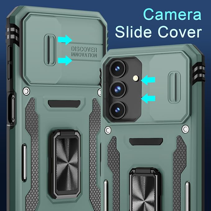 DEERLAMN Case for Samsung Galaxy A16 5G with Slide Camera Cover+Screen Protector (1 Pack), Rotated Ring Kickstand Military Grade Shockproof Protective Cover-Green