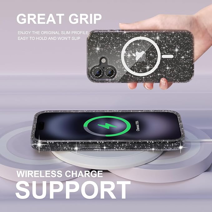 Choiche for iPhone 16 Plus Case Magnetic, Women Clear Glitter Bling Sparkly Case, [2xDiamond Camera Lens Protectors] [2xTempered Glass Screen Protectors] [Compatible MagSafe] 6.7" (Glitter Black)