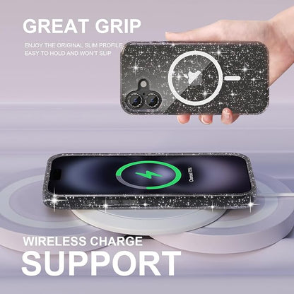 Choiche for iPhone 16 Plus Case Magnetic, Women Clear Glitter Bling Sparkly Case, [2xDiamond Camera Lens Protectors] [2xTempered Glass Screen Protectors] [Compatible MagSafe] 6.7" (Glitter Black)