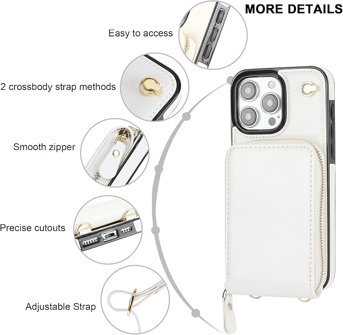 KIHUWEY Crossbody Wallet Case for iPhone 15 Pro Max, Zipper Pocket PU Leather RFID Blocking Protective Cover Case with Kickstand and Detachable Wrist Strap Lanyard 6.7" (White)