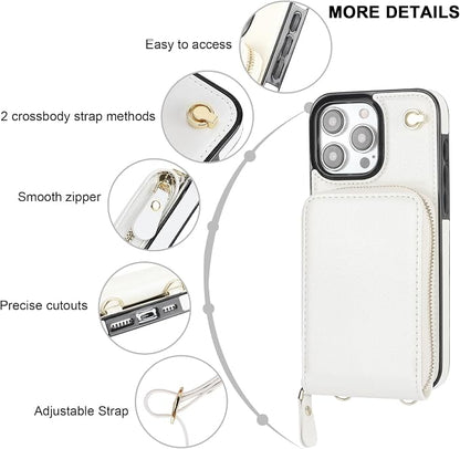 KIHUWEY Crossbody Wallet Case for iPhone 15 Pro Max, Zipper Pocket PU Leather RFID Blocking Protective Cover Case with Kickstand and Detachable Wrist Strap Lanyard 6.7" (White)