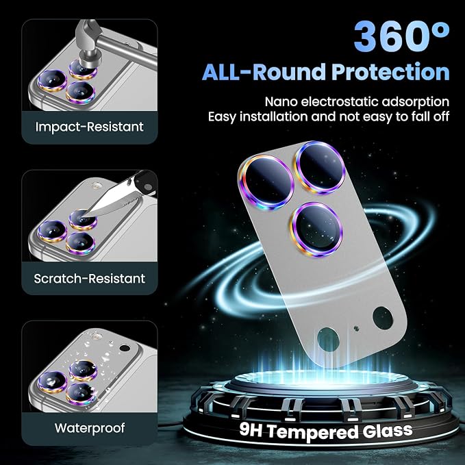 Uyiton for iPhone 17 Pro Max Camera Lens Protector, Not Easy to Break [Strong Adsorption][Case-Friendly] Metal Tempered Glass Rear Camera Screen Cover, Colorful Silver