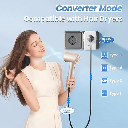 Converter for European Travel with AC Socket, 2 USB C & 2 USB A Ports | Specially for Hair Dryers, Compact Voltage Converter US to Europe, 220v to 110v Voltage Converter