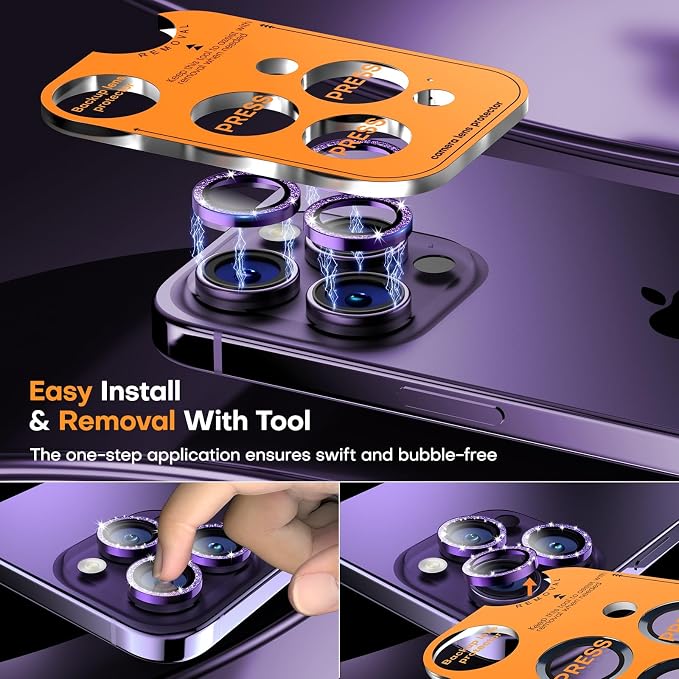 Camera Lens Protector for iPhone 17 Pro Max/17 Pro/16 Pro Max/16 Pro/15 Pro Max/15 Pro/14 Pro Max/14 Pro, Tempered Glass Metal Individual Cover[Anti-drop] Case Friendly-Glitter Deep Purple