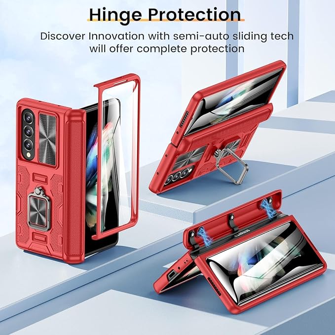 VEGO for Galaxy Fold 4 Case, Samsung Z Fold 4 with Slide Camera Cover | Hinge Protection & Screen Protector, Built-in 360° Magnetic Ring Stand Case for Samsung Galaxy Z Fold 4 5G 2022 - Red