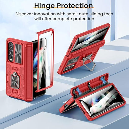 VEGO for Galaxy Fold 4 Case, Samsung Z Fold 4 with Slide Camera Cover | Hinge Protection & Screen Protector, Built-in 360° Magnetic Ring Stand Case for Samsung Galaxy Z Fold 4 5G 2022 - Red