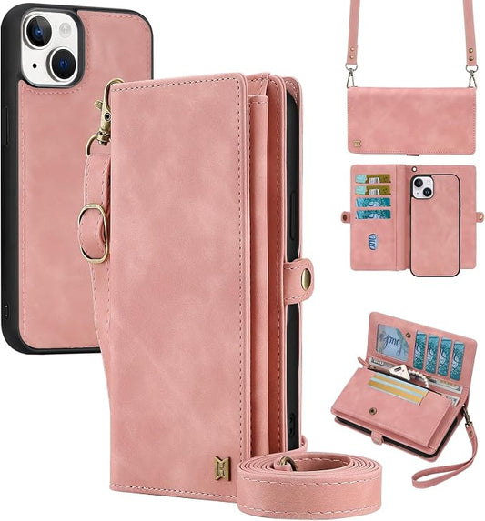 for Wallet Case Compatible with iPhone 15,Multi-Function Detachable 2 in 1 Magnetic iPhone 15 Case Wallet,Flip Strap Zipper Card Holder Phone Case with Shoulder Straps (Pink)