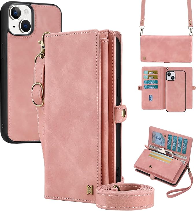 for Wallet Case Compatible with iPhone 14,Multi-Function Detachable 2 in 1 Magnetic iPhone 14 Case Wallet,Flip Strap Zipper Card Holder Phone Case with Shoulder Straps (Pink)