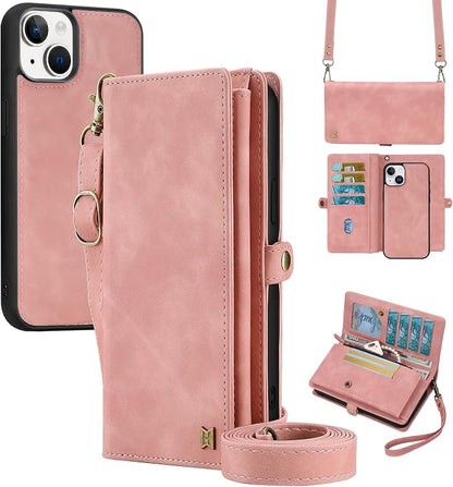 for Wallet Case Compatible with iPhone 14,Multi-Function Detachable 2 in 1 Magnetic iPhone 14 Case Wallet,Flip Strap Zipper Card Holder Phone Case with Shoulder Straps (Pink)
