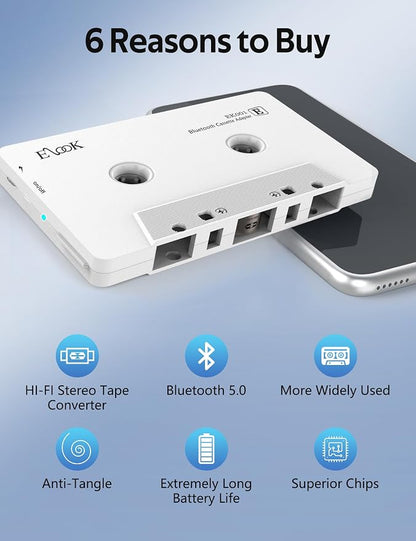 Elook Car Audio Receiver, Bluetooth Cassette Receiver Tape Aux Adapter Player with Bluetooth 5.0, White