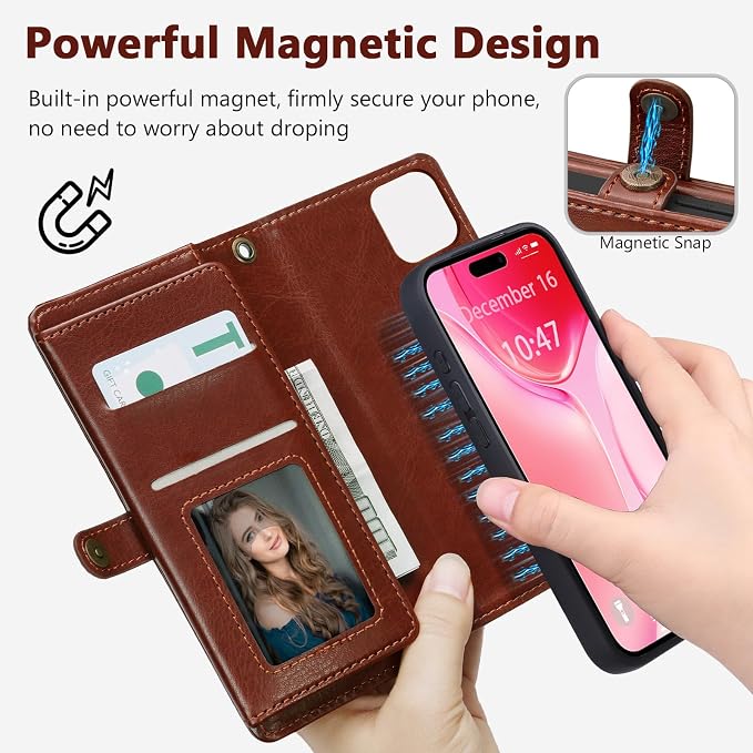 Wallet Case for iPhone 15 Plus with Card Holder/Crossbody Wallet/Strap| RFID Blocking | Magnetic | Kickstand | Detachable | PU Leather Phone Case for iPhone 15 Plus,6.7 in,Brown