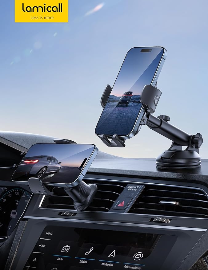 Lamicall Phone Mount for Car [3-in-1 Military-Grade Suction Cup] 360° Rotation Phone Holders for Your Car [Metal Hook] Cell Phone Car Mount Dashboard Vent Windshield All Smartphone LeatherGrain