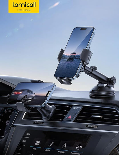 Lamicall Car Phone Holder [3-in-1 Pro Version Suction Cup] 360° Rotation Phone Holders for Your Car [Metal Hook] Cell Phone Car Mount Dashboard Vent Windshield for iPhone 17 16 15 Pro Max Smartphone