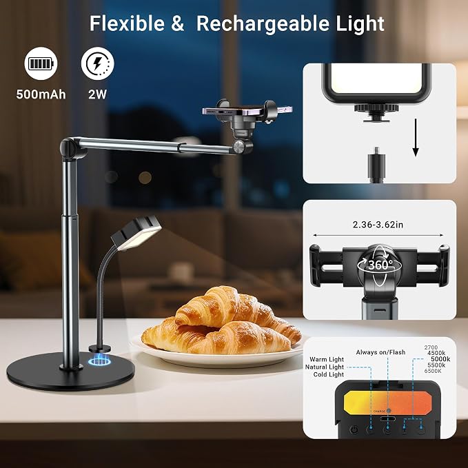 Overhead Phone Mount with Rechargeable Light for iPhone, Table Tripod for Content Creators, Portable Phone Camera Stand for Cooking, Video Recording, Filming, Nail Techs