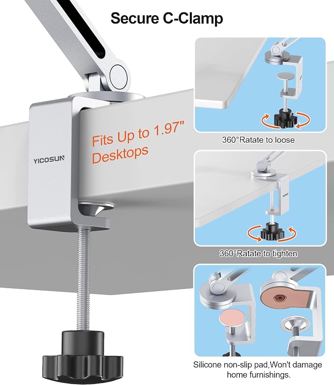 Tablet Arm Mount with Super Grip, Adjustable Foldable Holder & Heavy Duty Aluminum 360° Rotating Clamp for iPad, Phone, Monitor, Kindle - Universal for Desk, Bed, Kitchen - Silver