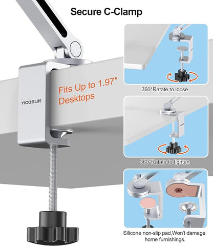 Tablet Arm Mount with Super Grip, Adjustable Foldable Holder & Heavy Duty Aluminum 360° Rotating Clamp for iPad, Phone, Monitor, Kindle - Universal for Desk, Bed, Kitchen - Silver