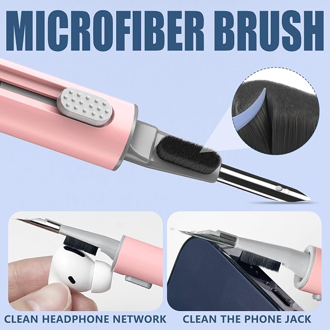 【1 Pack】 Cleaner Kit for Apple Airpods 4 Earbuds,Cleaning Kit Pen Shape with Soft Brush Flocking Sponge Tool for Bluetooth Earphones Headphones Charging Case,Phone,Camera and Computer(Pink)