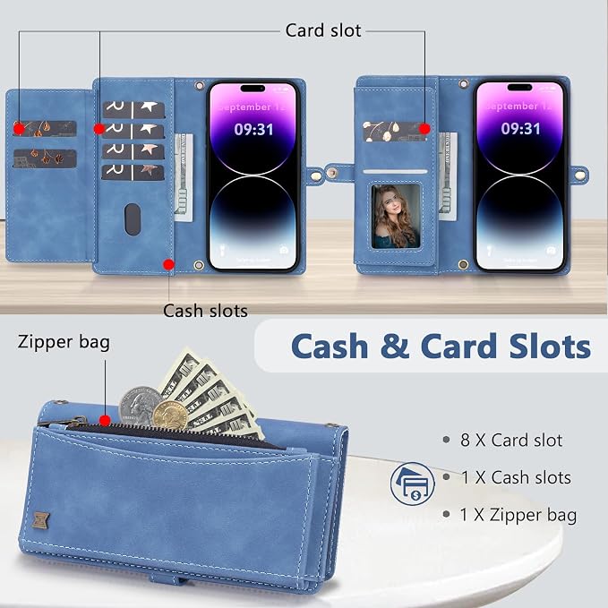 Wallet Case for iPhone 14 Pro Max with Card Holder/Crossbody Wallet/Strap| RFID Blocking | Magnetic | Kickstand | Detachable | PU Leather Phone Case for iPhone 14 Pro Max,6.7 in,Sky Blue