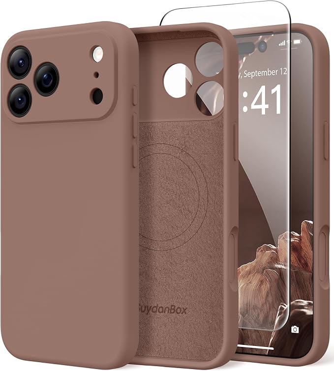 Magnetic for iPhone 17 Pro Case, Compatible with MagSafe, [Full Camera Protection][Screen Protector] Silicone Shockproof Protective Phone Case for iPhone 17 Pro 6.3", Brown