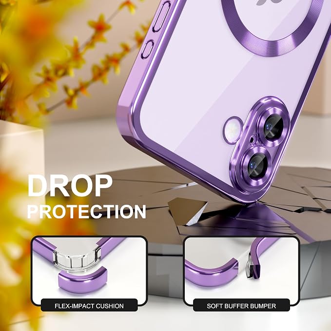 Misea Magnetic for iPhone 17 Case Compatible with MagSafe [Never Yellowing] [Military Grade Drop Protection] Full Camera Lens Protector Plating Soft Clear Phone Case for Women, Lavender Purple