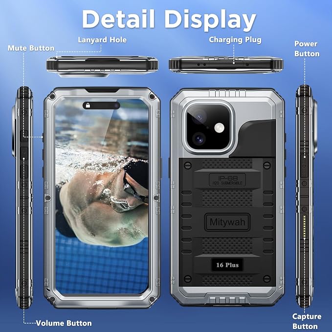 Mitywah Waterproof Case for iPhone 16 Plus, Shockproof Heavy Duty Case with Built-in Screen Protector, Underwater Full Body Protective Metal Case 6.7 inch, Silver