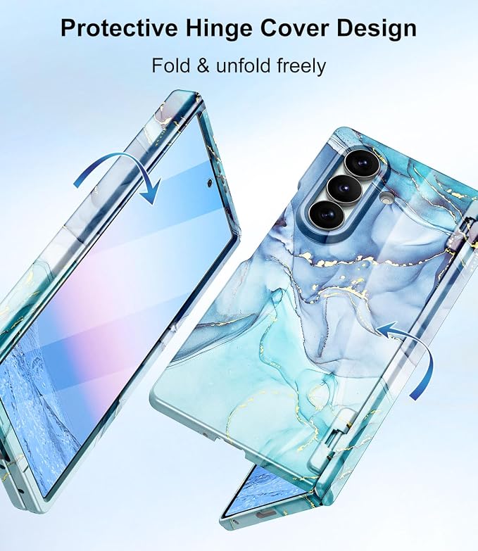 Btscase for Samsung Galaxy Z Fold 7 Case,Built in Front Screen Protector,Gold Glitter Marble Pattern Hard PC Slim Shockproof Full Body Drop Protective Case for Galaxy Z Fold 7 5G, Blue Cyan