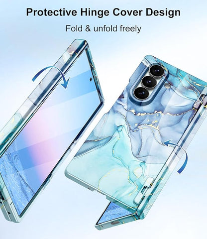 Btscase for Samsung Galaxy Z Fold 7 Case,Built in Front Screen Protector,Gold Glitter Marble Pattern Hard PC Slim Shockproof Full Body Drop Protective Case for Galaxy Z Fold 7 5G, Blue Cyan