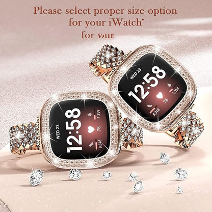Bling Watch Band Compatible with Fitbit Versa 4/ Fitbit Sense 2 for Women, Adjustable Crystal Alloy Strap Rhinestone Stainless Steel Metal Wristband Replacement for Fitbit Sense2/Versa 4(Rose Gold)