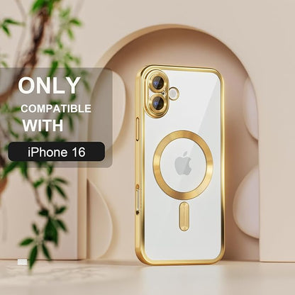 Misea Magnetic for iPhone 16 Case Compatible with MagSafe [Never Yellowing] [Military Grade Drop Protection] Full Camera Lens Protector Plating Soft Clear Phone Case for Women 6.1 inch, Gold