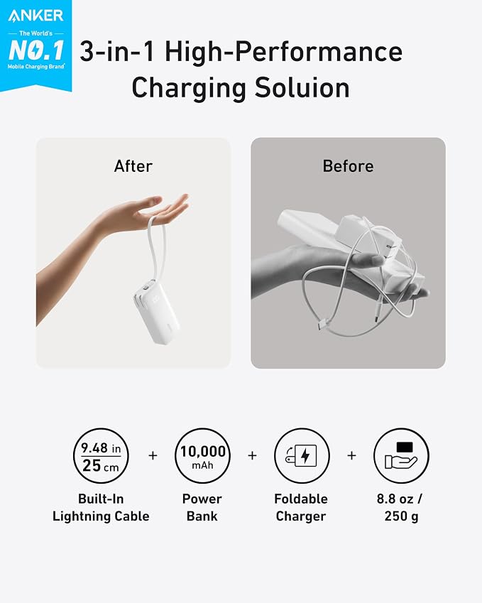 Anker Nano 3-in-1 Portable iPhone Charger, 10,000mAh Power Bank with Built-in USB-C Cable and Foldable Wall Plug, 30W Max Battery Pack, Travel Essentials for iPhone 17/16/15 Series (White)