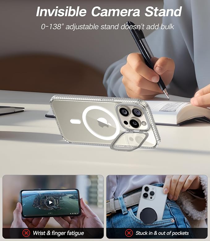 [Upgraded] for iPhone 15 Pro Max Case with Camera Cover Stand [Fit for MagSafe][9H Camera Lens Protector] Mil-Grade Protection Transparent Magnetic iPhone 15 Pro Max Phone Case, Clear