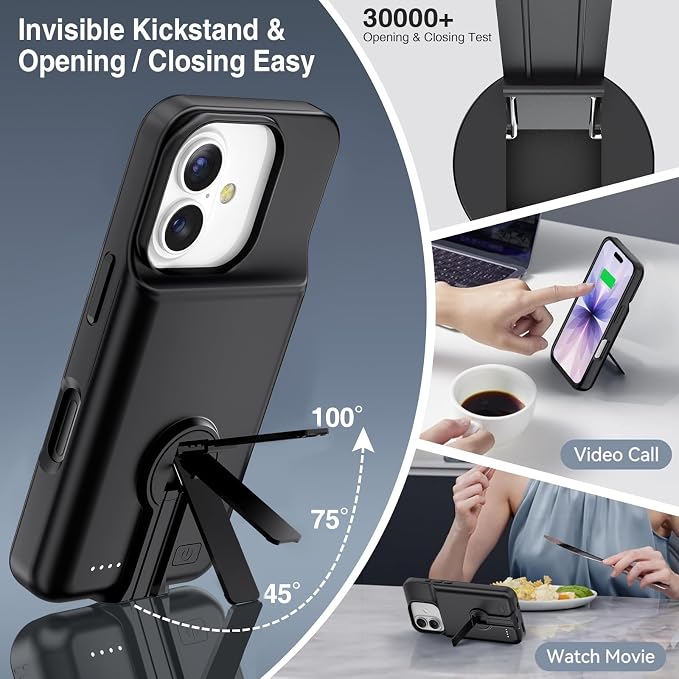 BOPPS 2025 New Battery Case for iPhone 17 with Stand,Ultra Slim 8500mAh Portable Rechargeable Strong Protective Extended Charger Cover for iPhone 17 Charging Case-6.3inch Black