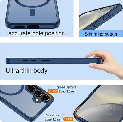 For Samsung Galaxy S24 Case & Galaxy S25 Case [Compatible with Magsafe] Translucent Matte Magnetic Phone Case,Slim Thin Duty Shockproof Protection with 2pc Screen Protector for S24/S25-Dark blue