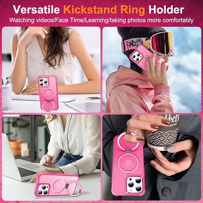 360° Magnetic Swivel Ring for iPhone 15 pro max case, Built-in Metal Stand and Ring Holder, Magsafe Compatible, Military Grade Protection, Shockproof - Rose Pink