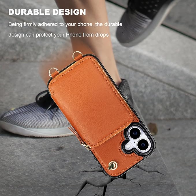 Bocasal for MagSafe Crossbody Wallet Case Compatible with iPhone 17, RFID Blocking Protective Purse Case with Card Slots Holder Kickstand Wrist Strap Lanyard Zipper 6.3 Inch 5G (Brown)