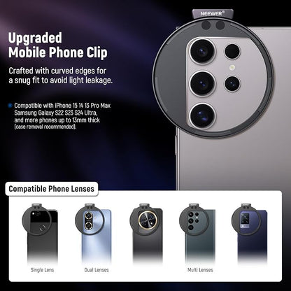 NEEWER 67mm Variable ND Filter with Cold Shoe Phone Lens Clip, HD Clip On Magnetic ND2-32 Filter Compatible with iPhone 17 Pro Max 16 15 14 Android Samsung Galaxy S24 S25 Ultra