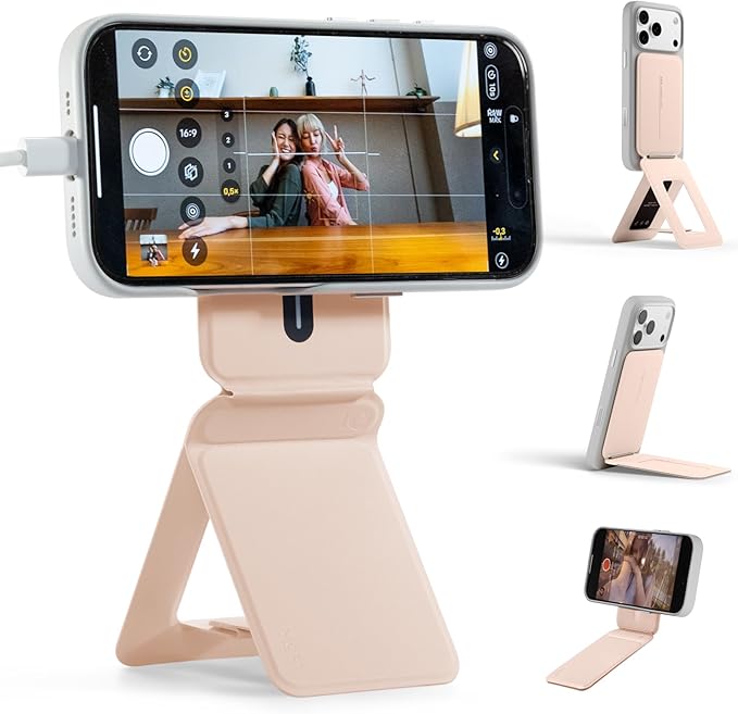 MOFT Phone Stand, Magnetic Phone Tripod Stand Stain-Resistant MOVAS Leather & Angle Adjustment & Strong Magnets Tripod for iPhone 17/16/15/14/13/12 (Included Metal Ring)-Peach Pink