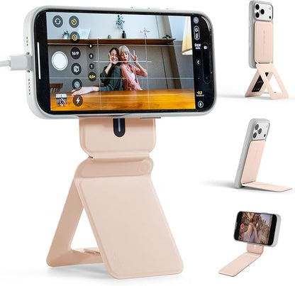 MOFT Phone Stand, Magnetic Phone Tripod Stand Stain-Resistant MOVAS Leather & Angle Adjustment & Strong Magnets Tripod for iPhone 17/16/15/14/13/12 (Included Metal Ring)-Peach Pink