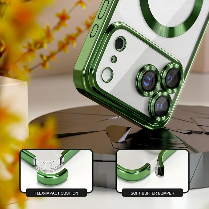 Misea Magnetic for iPhone 17 Pro Case Compatible with MagSafe [Never Yellowing] [Military Grade Drop Protection] Full Camera Lens Protector Plating Soft Clear Phone Case for Women, Green