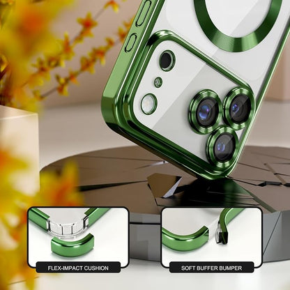 Misea Magnetic for iPhone 17 Pro Case Compatible with MagSafe [Never Yellowing] [Military Grade Drop Protection] Full Camera Lens Protector Plating Soft Clear Phone Case for Women, Green