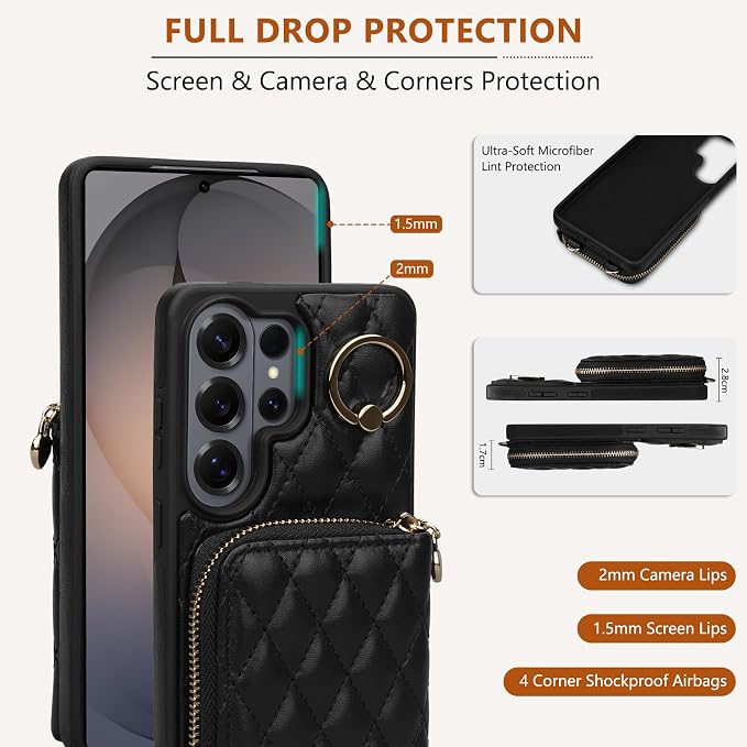 Keallce Case for Samsung Galaxy S26 Ultra 6.9'' Wallet Case,Crossbody Zipper Purse Wrist Strap Lanyard Handbag,RFID Blocking Card Slots,Flip Leather Cover for Samsung S26 Ultra,Black