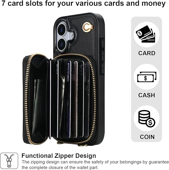 Bocasal Crossbody Wallet Case for iPhone 17, RFID Blocking Leather Purse Case with Card Holder, Protective Handbag Flip Cover with Zipper Wrist Strap Lanyard for Women 5G 6.3 Inch (Black)